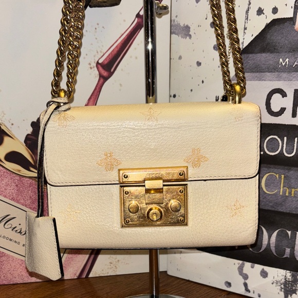 Gucci Padlock Small Bee & Star Shoulder Bag White Leather COA
